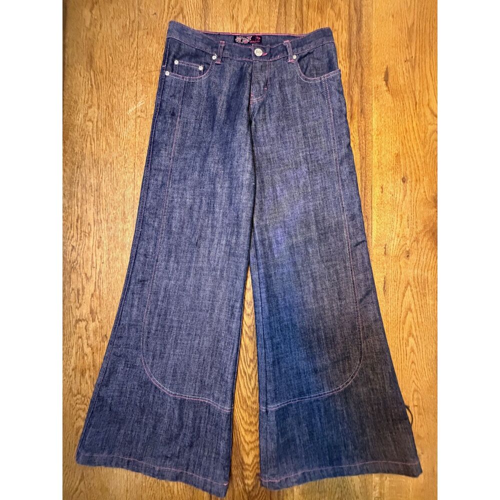 Vintage Kik Girl Kikwear Y2K Wide Leg Rave Skater Jeans Pink Stitch Size 7
